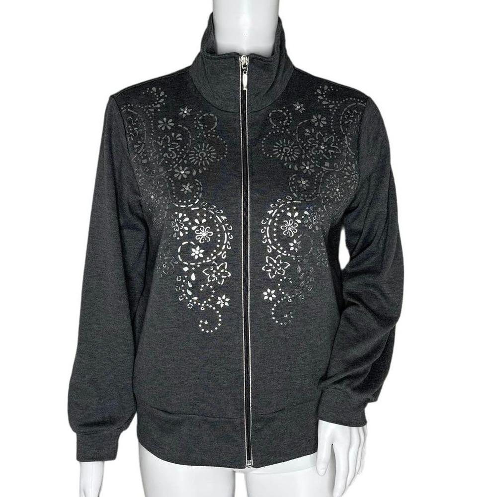 Susan Graver Shirt Womens‎ XS Petite Gray Silver Zip Up Sweatshirt Basic Casual